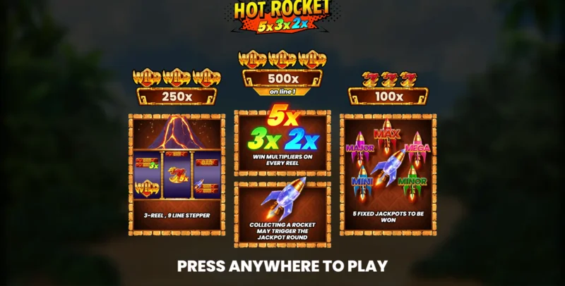 Hot Rocket 5x 3x 2x - glavni meni z bobni in gumbom za zagon